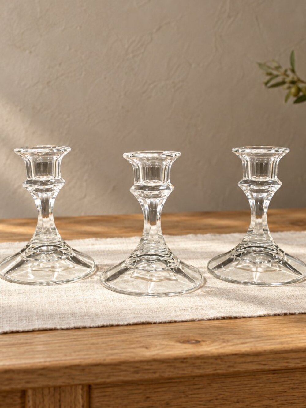 Vintage Clear Glass Candlestick Holders Set of 3 Faceted Hex Stem Taper Candle